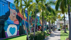 Un espacio al aire libre vibrante con un mural colorido, palmeras y un camino pavimentado.