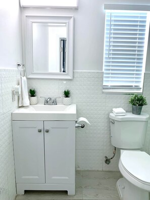 Hair dryer, towels, soap, shampoo