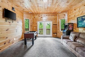 Smart TV, fireplace, video games, foosball