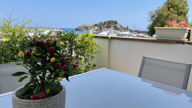 A balcony with a table and chairs, a potted plant with red and yellow flowers, and a view of the sea and boats. - Elegant and bright apartment with terrace on the waterfront of Aci Trezza (Aci Trezza)
