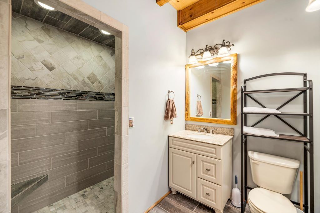 A bathroom with a shower area, a vanity with a mirror, and a toilet.
