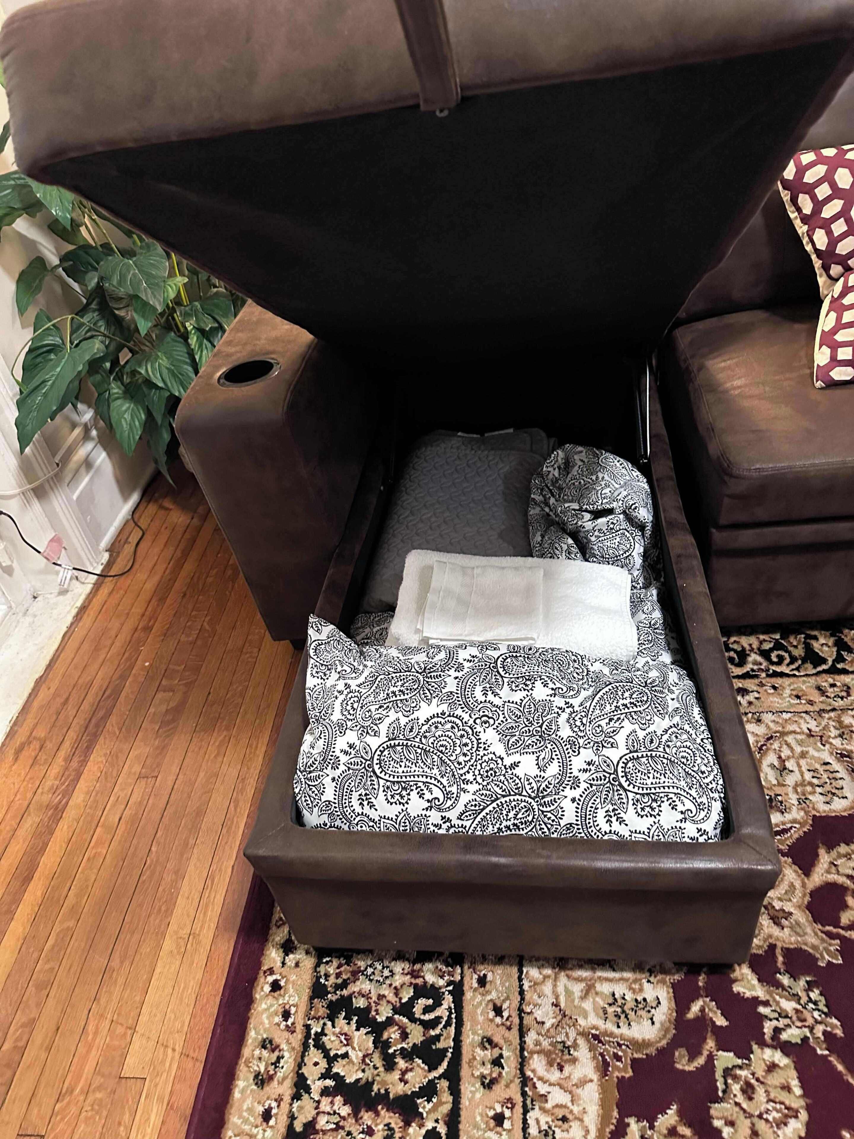A pet bed under a sofa with a patterned cushion, a plant, and a patterned rug.
