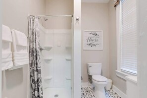 Shower, free toiletries, hair dryer, towels