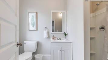 Shower, hair dryer, shampoo