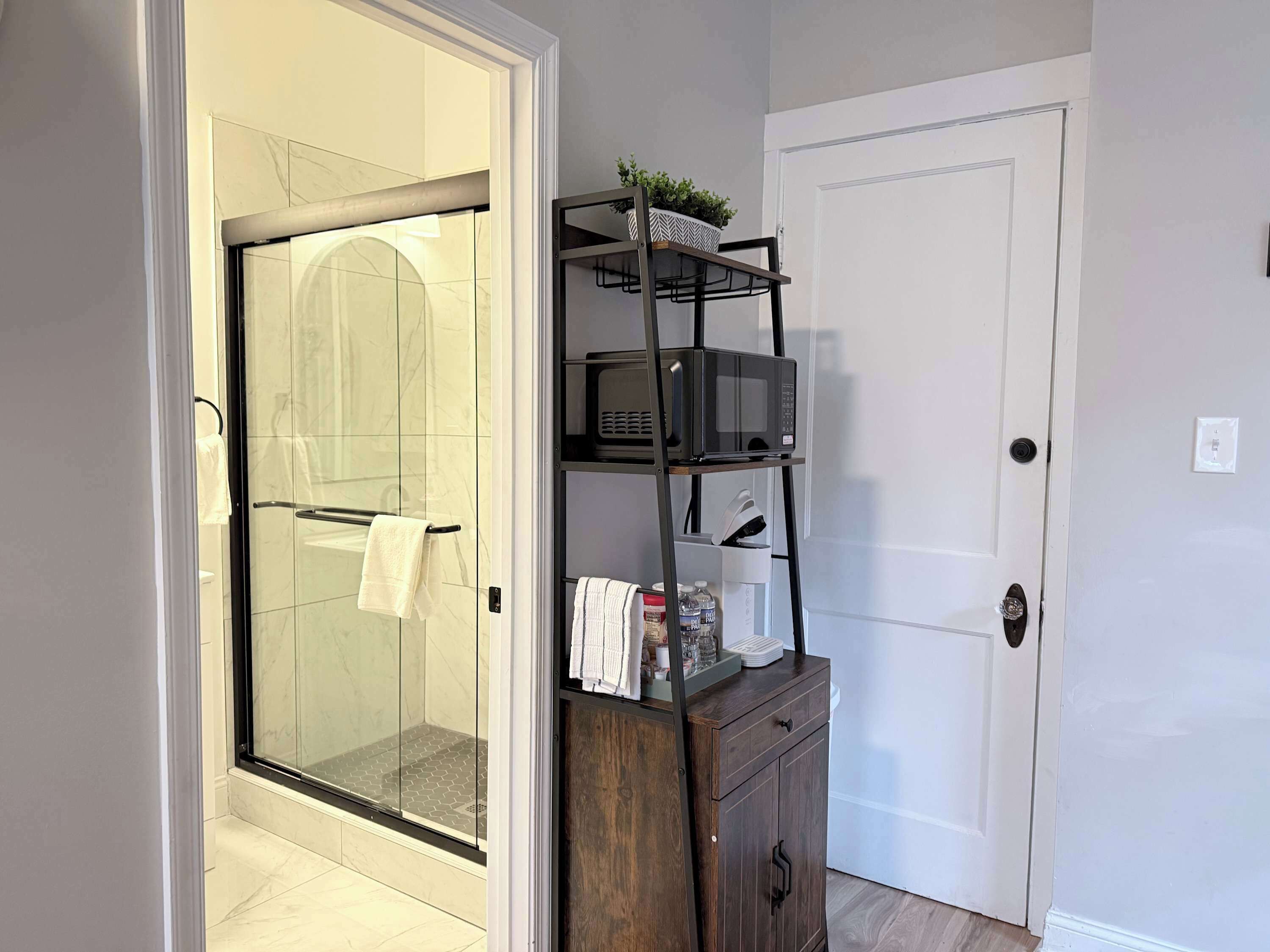 Shower, hair dryer, towels