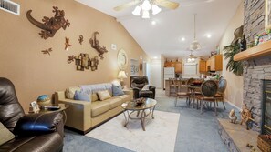 Smart TV, fireplace, computer monitors