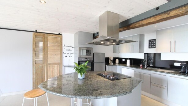 Een moderne keuken met een centraal eiland, roestvrijstalen apparatuur en houten details.