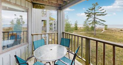 Cheery beachfront condo in Glen Arbor's Homestead Resort with deck & fireplace