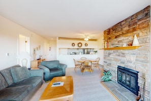 TV, fireplace, books, stereo