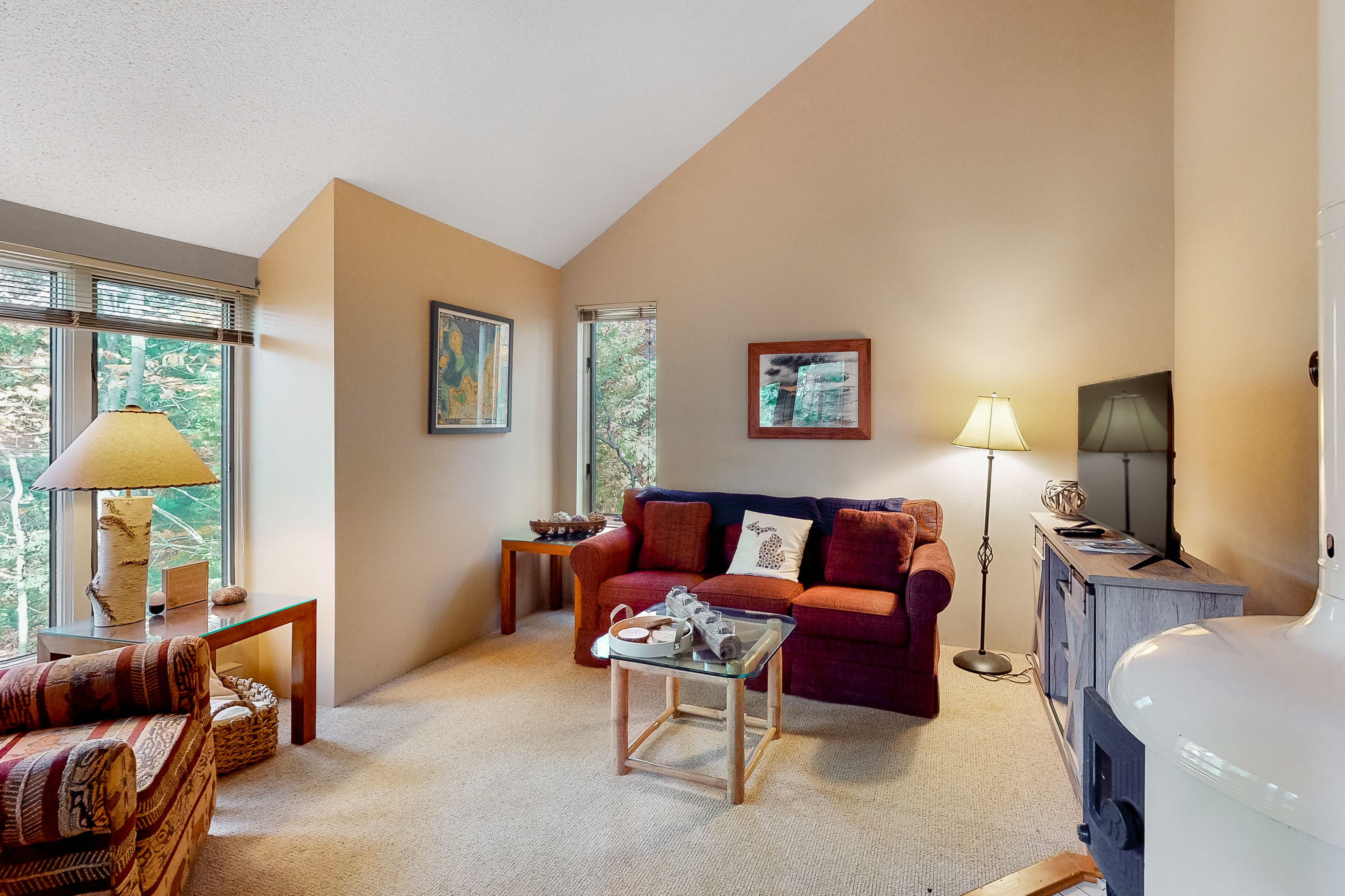 Condo with forest views, washer/dryer, fireplace, deck, & cable