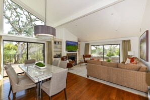 Smart TV, fireplace, stereo