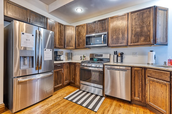 Fridge, microwave, oven, dishwasher