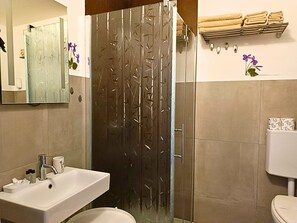 Dusche, Bidet, Handtücher, Seife