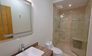 A modern bathroom with a glass-enclosed shower, a white sink, and a toilet.