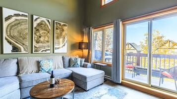 Smart TV, fireplace, books, offices