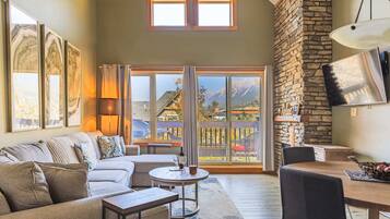 Smart TV, fireplace, books, offices