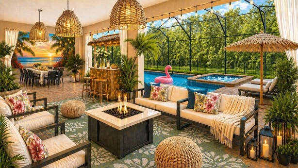 An outdoor patio with seating, a pool, and string lights. - 10BR Villa Near Disney, Pool and Resort Waterpark (Kissimmee)