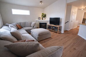 Smart TV, fireplace, books