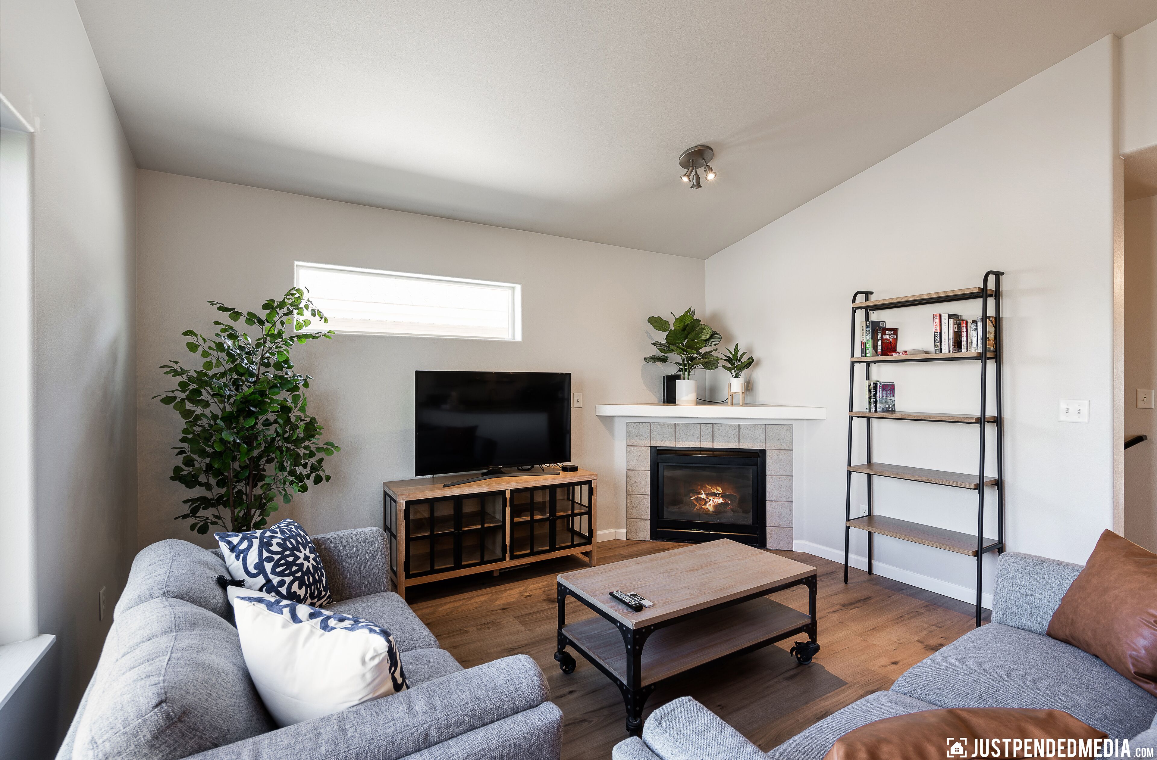 Älytelevisio, takka, kirjoja