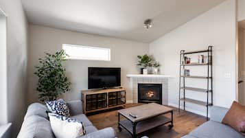 Älytelevisio, takka, kirjoja