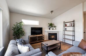 Smart TV, chimenea y libros 