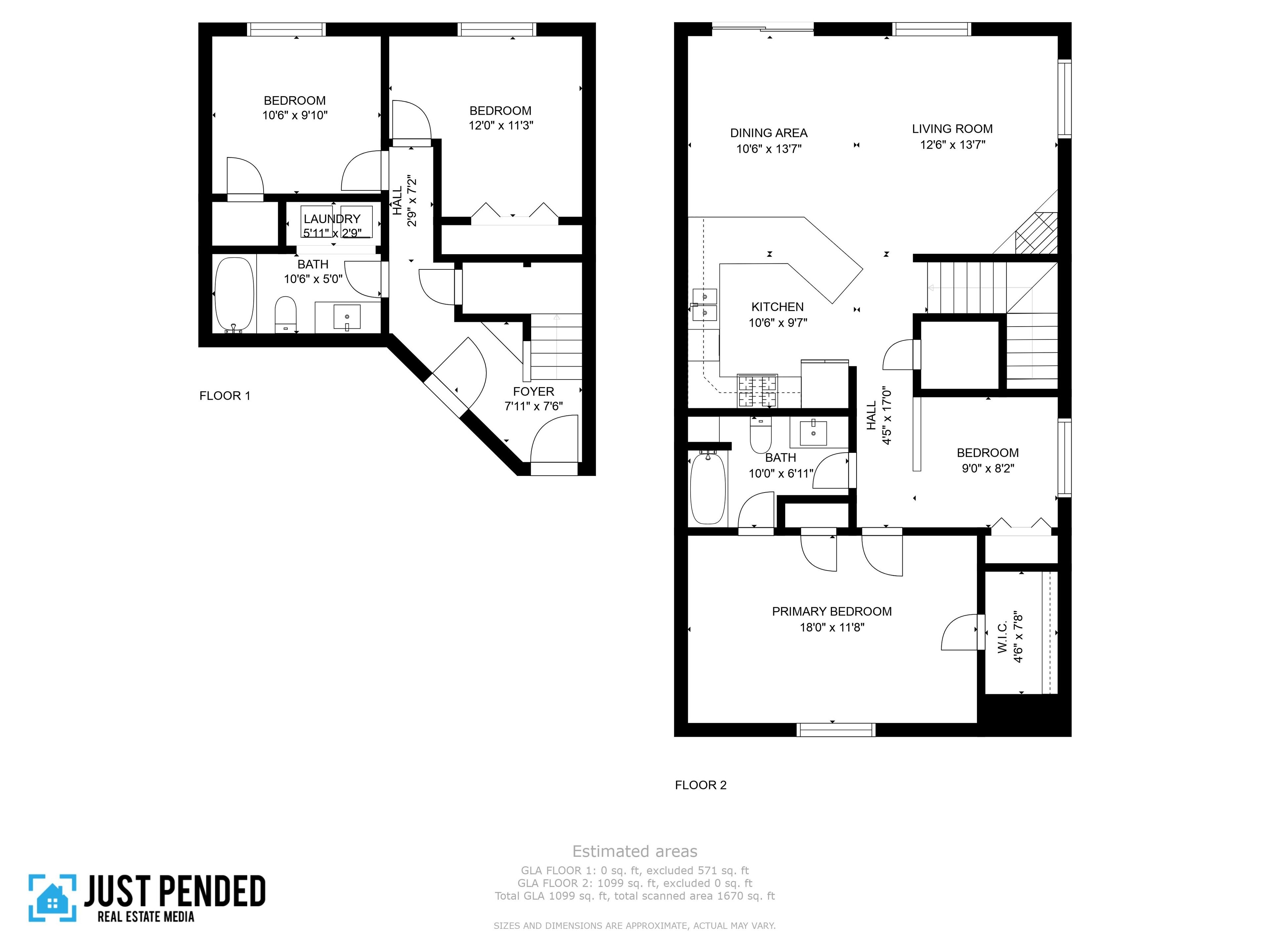 Twee plattegronden van een huis, met een totale bruto woonoppervlakte van 1099 vierkante voet op de begane grond en 1099 vierkante voet op de eerste verdieping.