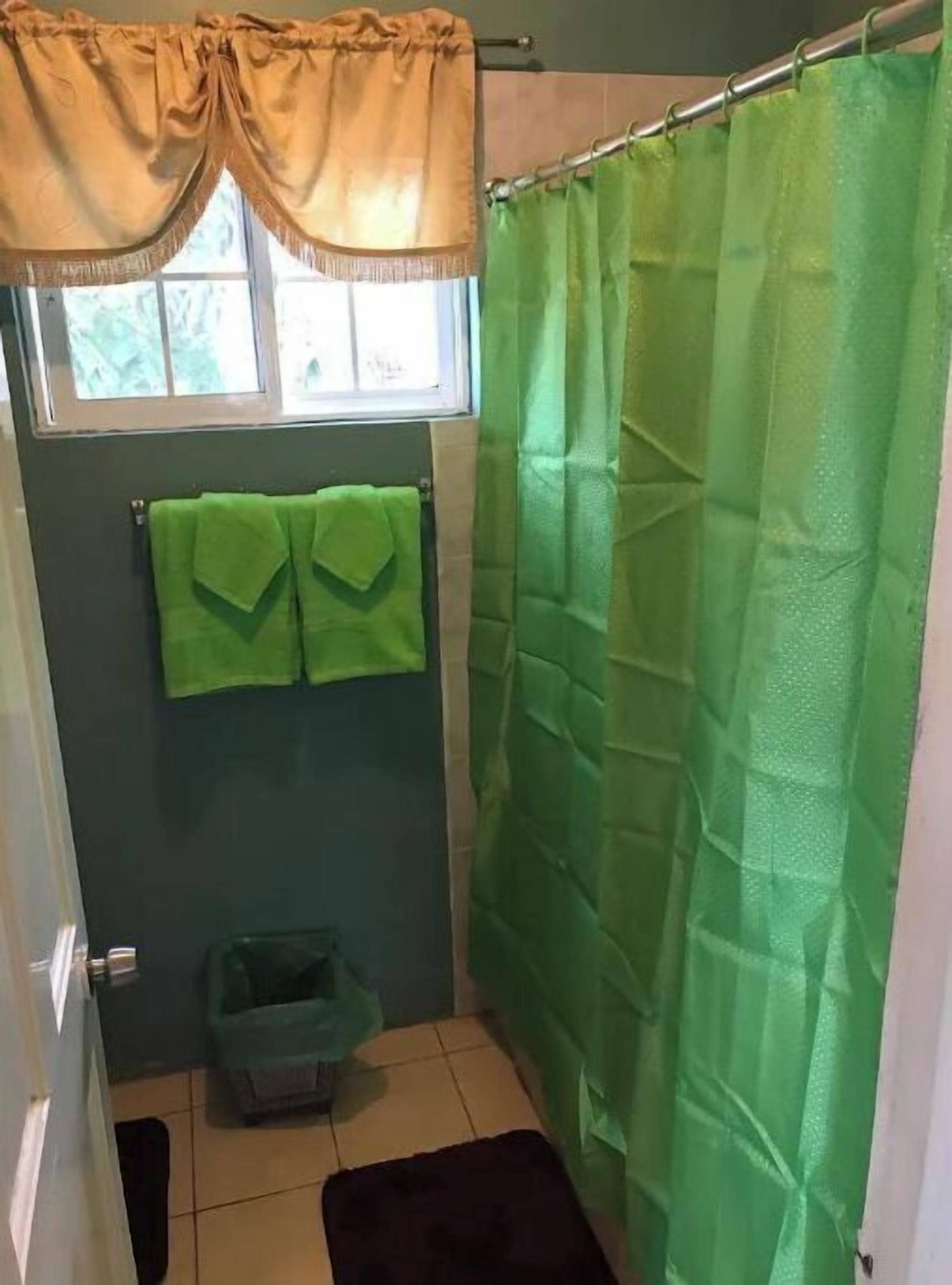 Shower, towels, soap, toilet paper