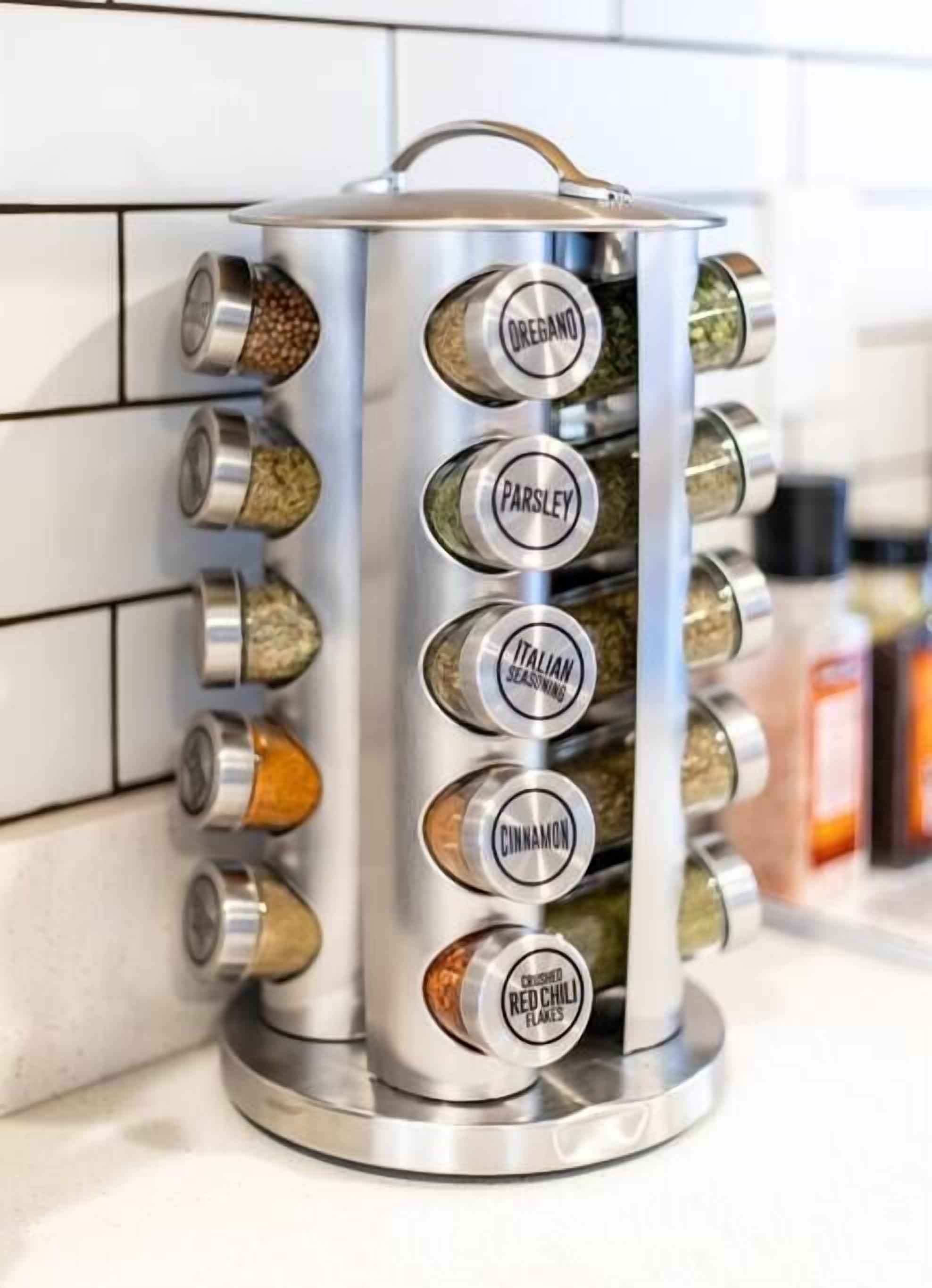A spice rack with compartments labeled for oregano, parsley, Italian seasoning, cinnamon, and crushed red chili flakes.