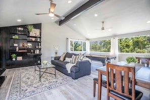 Smart TV, fireplace, books