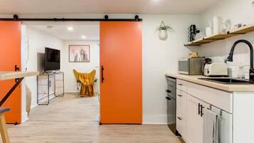 Fridge, microwave, stovetop, electric kettle