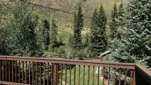 A wooden deck with a view of a landscaped garden and a river. - Cozy Turns- Vail/ Minturn Colorado (Minturn)