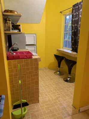 Fridge, microwave, coffee/tea maker, toaster