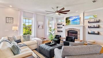 Una televisión, una chimenea, libros