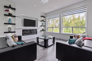 Smart TV, fireplace, books, offices