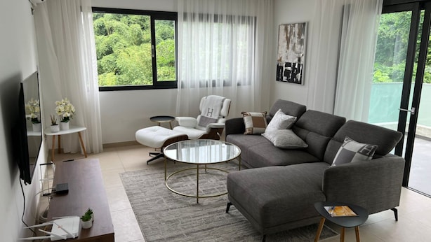 Una sala moderna con un sofá gris, una mesa de centro redonda y un televisor sobre un mueble de madera. Hay dos ventanas con cortinas, una mesita auxiliar y una planta a la izquierda.