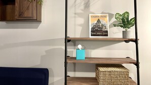A wooden shelf with a framed poster, a potted plant, and a tissue box. - Grand Central Hotel Richmond (Richmond)