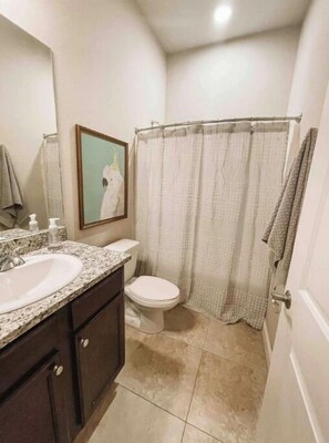 Ein Badezimmer mit Marmorwaschbecken, Toilette und Duschvorhang.