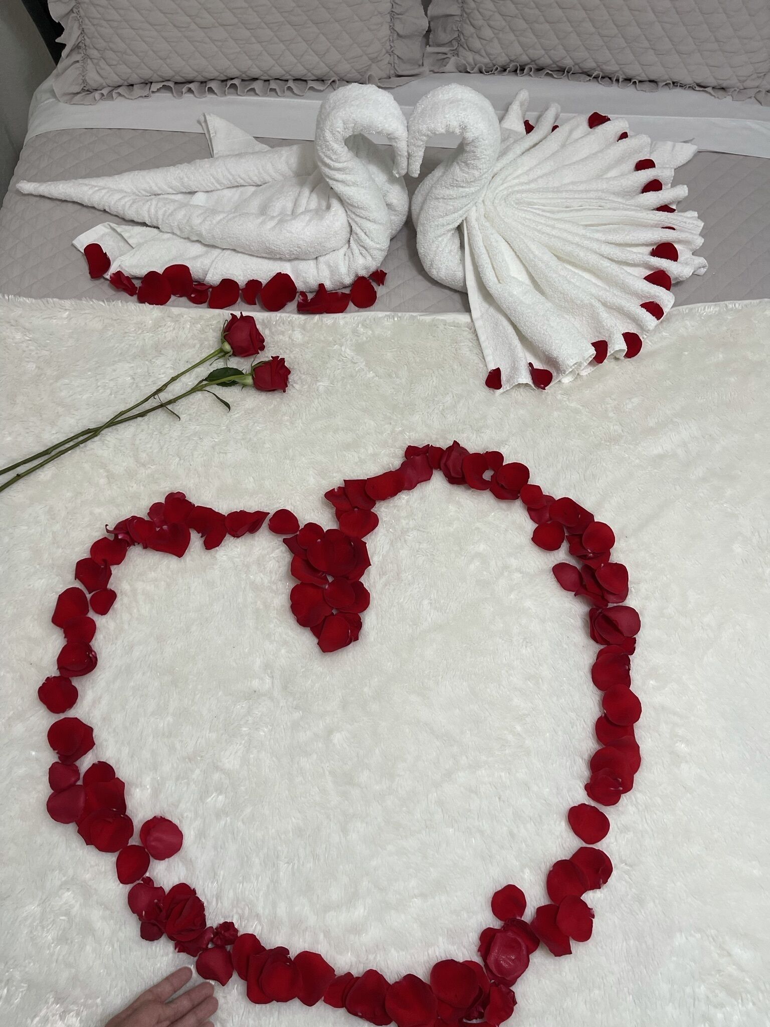 Un lit avec du linge de maison blanc, une composition en forme de cœur faite de pétales de roses et deux serviettes en forme de cygne.
