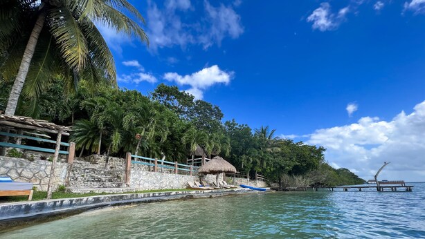 A clear tropical beach with a stone wall, palm trees, and a thatched-roof hut.
