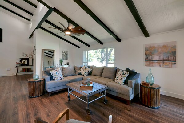 Smart TV, fireplace, table football, books