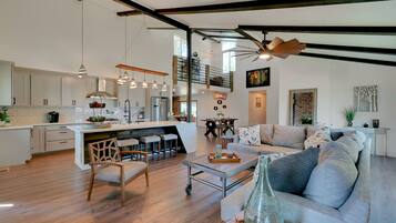 Smart TV, fireplace, foosball, books