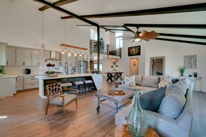 Smart TV, fireplace, table football, books