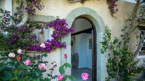 Un edificio con un arco in pietra e un giardino con rose rosa e bouganvillea viola.