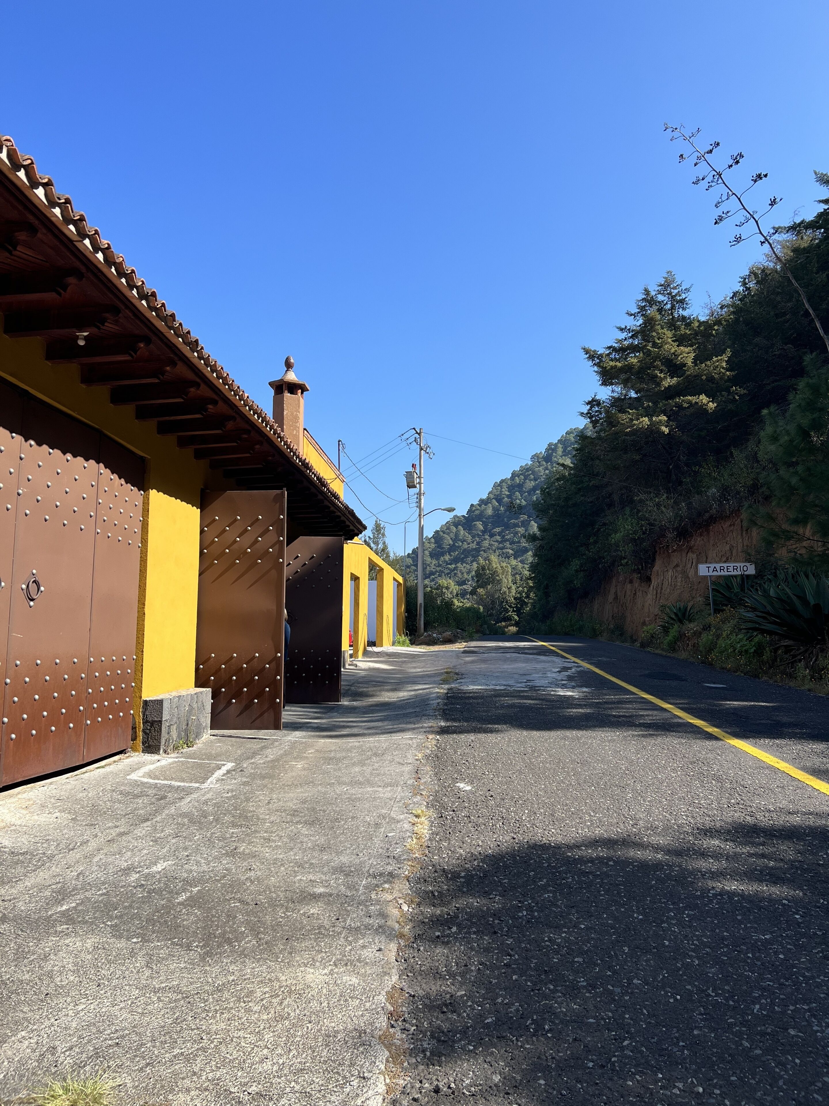 A building with a yellow facade and a brown roof, a paved road with a yellow line, and a sign reading "TARERIO".