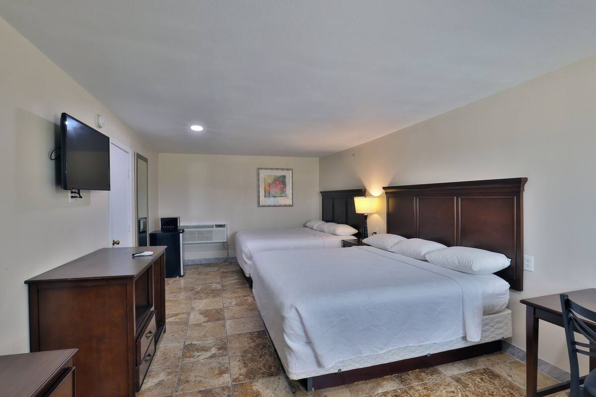 Habitación de hotel con cama, escritorio, televisor, calefacción y un cuadro en la pared.