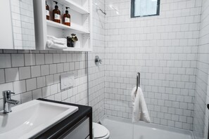 Signature Studio | Bathroom | Shower, hair dryer, towels, soap - Blockhouse Life (Spokane)