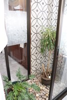 Un pequeño jardín interior con plantas en macetas y una pared decorativa.