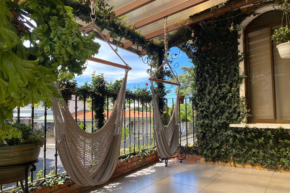 A hammock swing with a metal frame and netting, set against a backdrop of greenery and a clear sky.