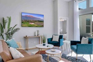 Smart TV, fireplace, table tennis, books