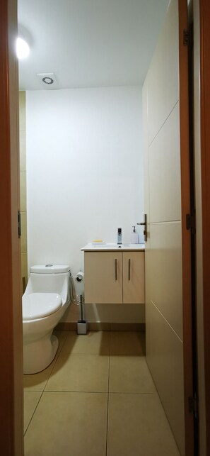 Regadera, toallas, jabón, papel de baño